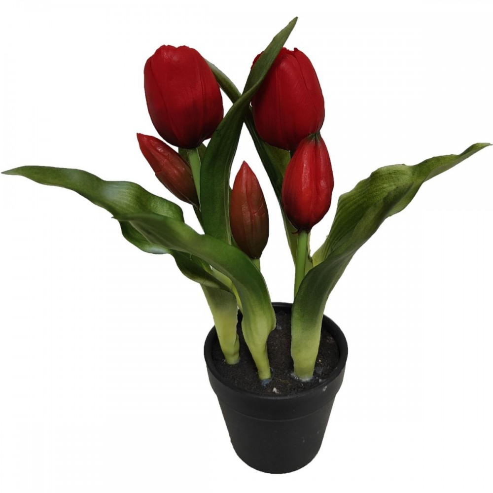 TULIPANY W DONICZCE 5 SZT CZERWONE 23 CM JAK ŻYWE GUMOWANE