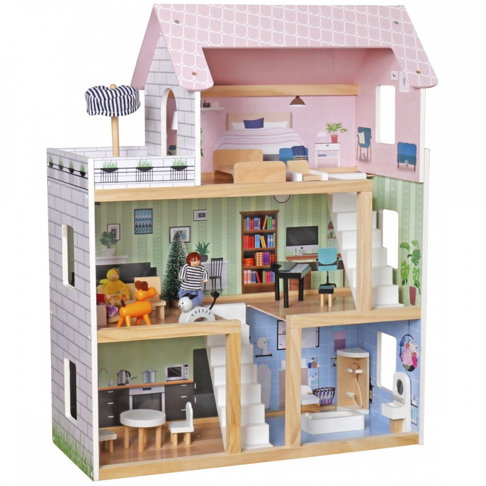 DOMEK DLA LALEK DREWNIANY LED62x27x77CM + 3 LALKI + 2 ZWIERZĄTKA