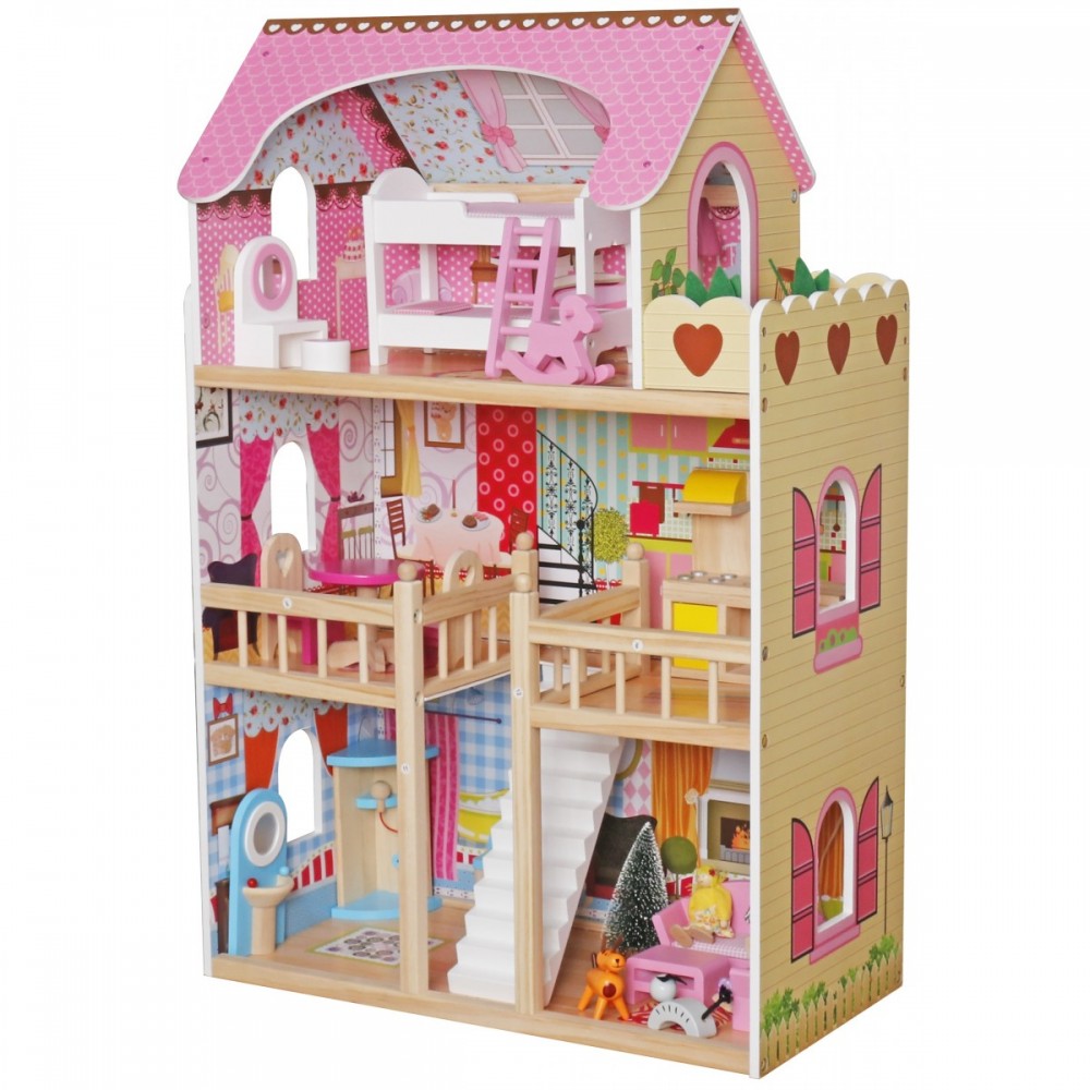 DOMEK DLA LALEK DREWNIANY LEDXXXL 60x33x90CM + 3 LALKI + 2 ZWIERZĄTKA